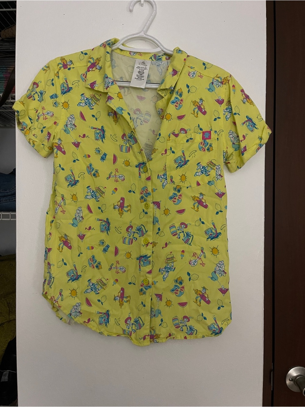 Vintage Unique Disney Yellow Button down shirt with Toy Story Print